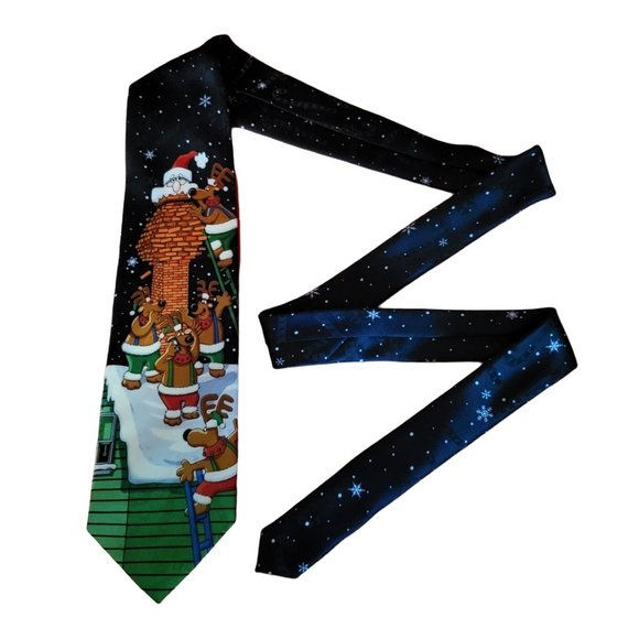 MMG Yule Hallmark Christmas Tie Navy Blue Santa Stuck in the Fireplace - Picture 9 of 12